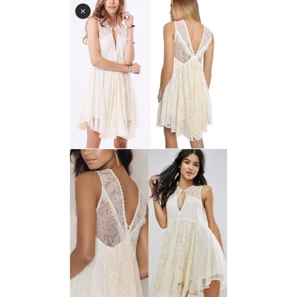 FREE PEOPLE Womens Size XS Don't You Dare Lace Dress Ivory Gold  Boho Flare